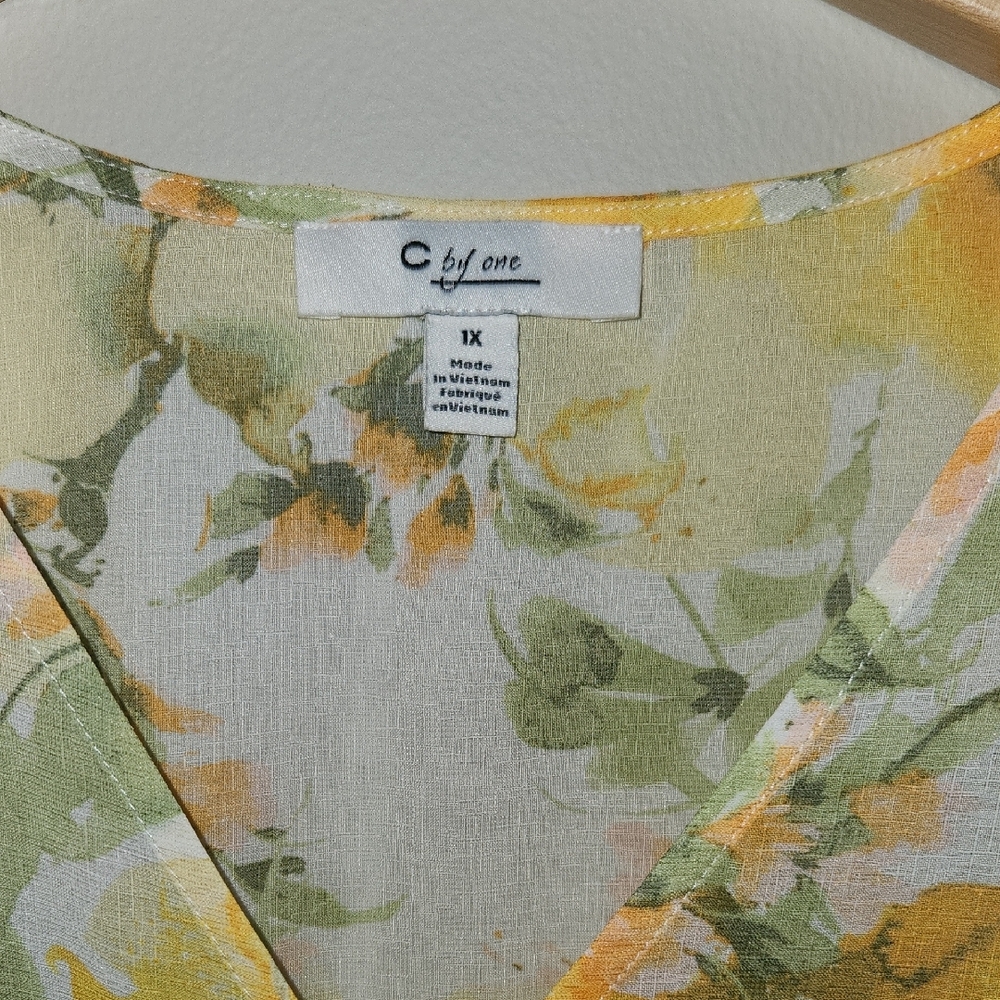 C By One, Floral Yellow and Green, Tie Front 3/4 Sleeve Blouse. SKU C05 - Picture 3 of 9